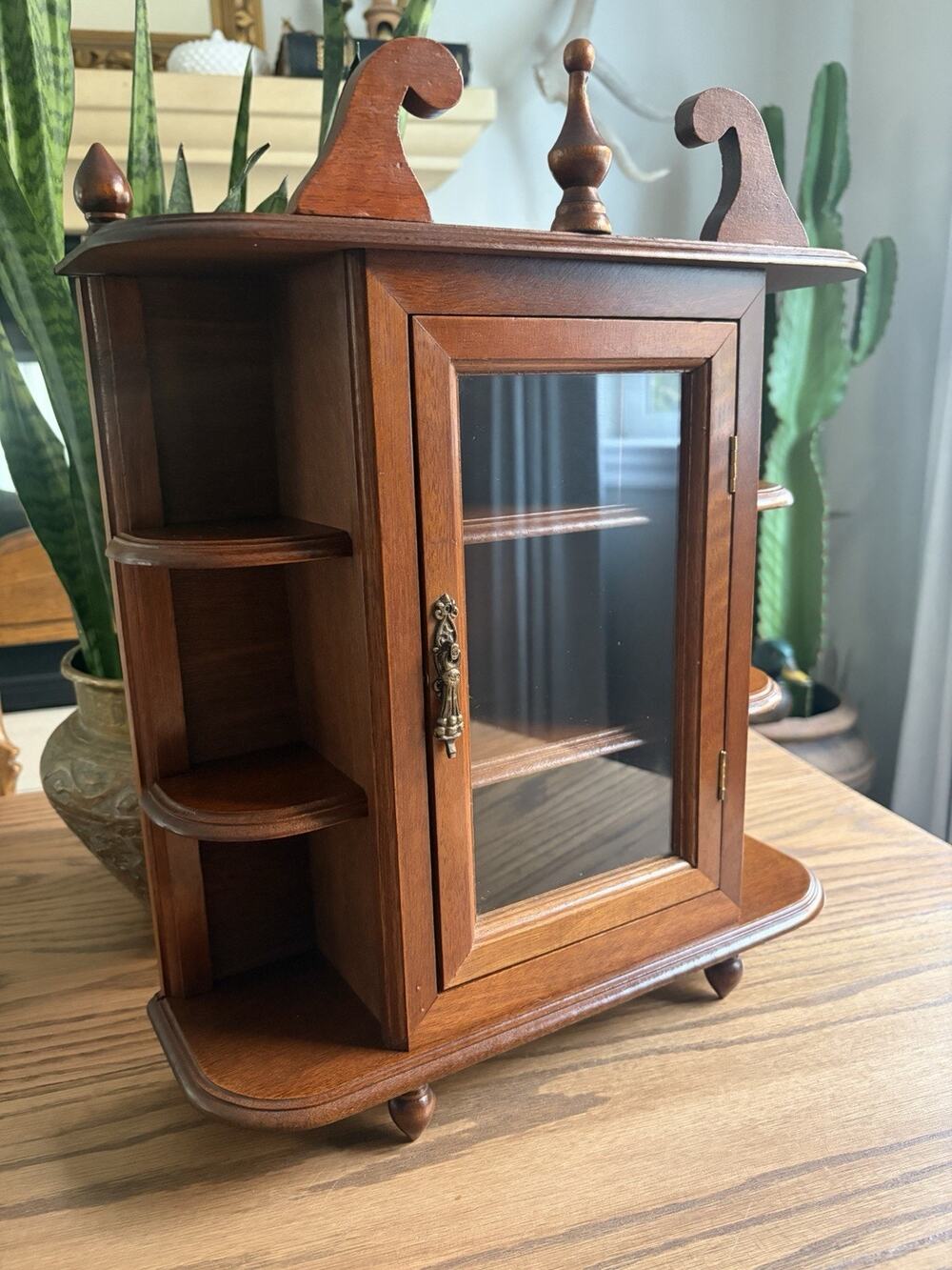 Vintage Wood Wall Curio Cabinet Glass Door Display Case Hanging Trinket Shelf